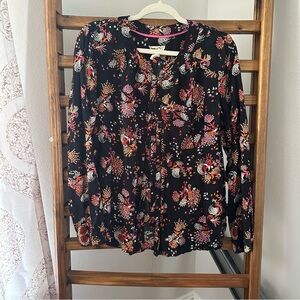 Anthropologie Black Floral Button-Front Blouse with Pink and Orange Birds